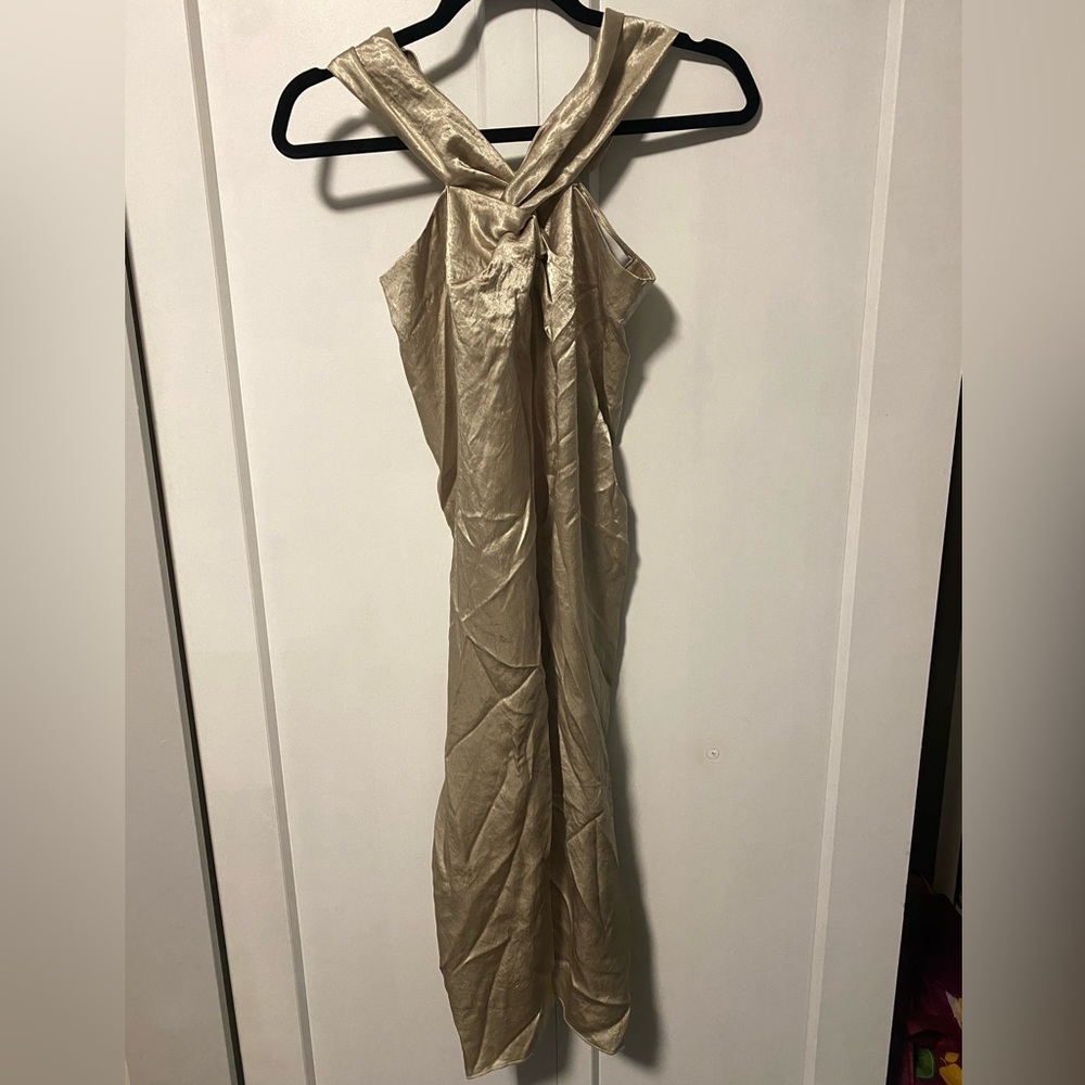 Nanushka Revolve Brand | Dark Gold Satin Dress - Halter Neckline